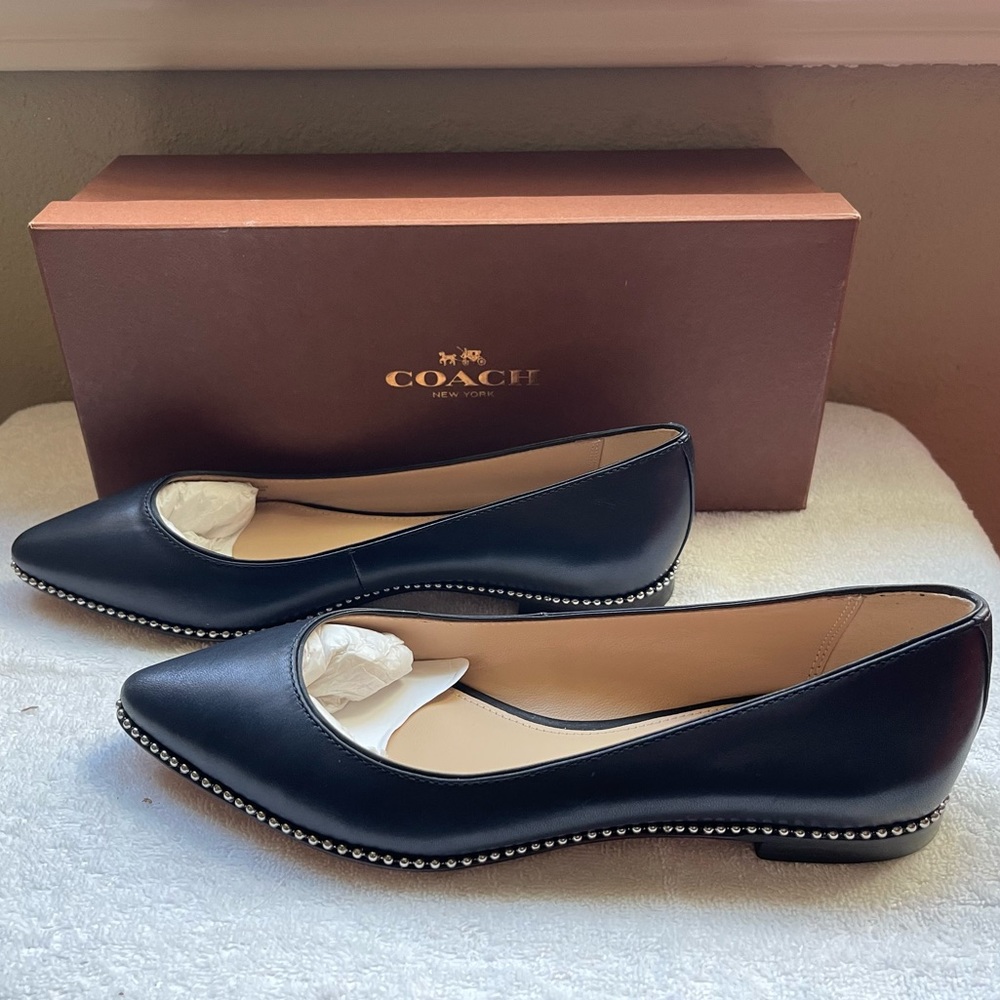 COACH flats. NEW!! Navy leather with silver hardware.